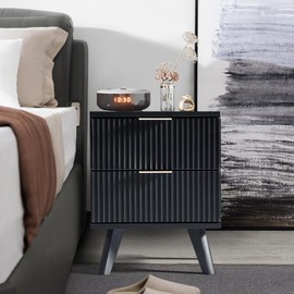 Black Nightstand, Mid Century Modern Nightstand with 2 Drawers, Bedroom Nightstand, Bed Side Table Small Nightstand for Dorm, Wood End Table Bedside Tables, Modern End Side Table (Black)