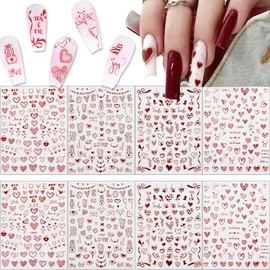 Heart Nail Art Stickers 8 Sheets Valentines Day Laser Red Heart Nail Decals 3D Self Adhesive Glitter Valentine Love Red Hearts Nail Art Stickers for DIY Nail Decorations Manicure Accessories
