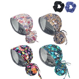 JoyRing - 4 gorras quirúrgicas de satén para mujer, gorro de trabajo ajustable con botones y banda para el sudor, Multicolor 6, 2-3