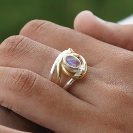 Blue hue moonstone two tone cocktail ring for women 925 sterling silver gold plated adjustable ring jewellery designer ring for gift