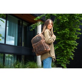 KomalC 17 inch Leather backpack rucksack laptop bag, travel hiking travel shoulder camping bag for women & men