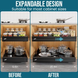 TAILI 2Pack Expandable Pull Out Cabinet Organizer, Adjustable Width 12.05"-20.4", 21" Deep, 3 Slide Rails, Raising Pads, Portable & No-Trace Removal, Tool-Free Installation, Black