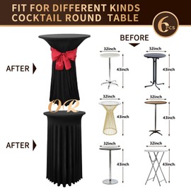6 Packs Cocktail Table Covers Black Cocktail Table Cloth 32"x 43" Spandex Stretch Small Round Tablecloth for 32in Table with Wavy Drapes Fitted High Top Table Cloth for Party Wedding Banquet Bar Table