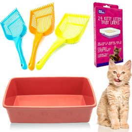 Kitty Cat Essentials [Set of 3] CAT LITTER TRAY with 24 Kitty Cat Litter TRAYS LINERS and CAT LITTER SCOOP Assorted Bundle for Cat Litter Disposal (Brick Red)