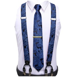Hi-Tie - Juego de tirantes y corbatas ajustables para hombre, juego de 6 clips cuadrados para boda, graduación, NEGRO y AZUL MARINO, Medium