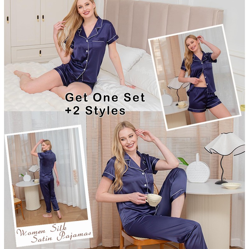 WJing Yi Jia 5Pcs Womens Silk Satin Pajamas Sets XS-XXL