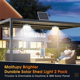 Malitupy Solar Shed Lights Indoor Outdoor 2 Pack, Brighter & Tricolor & Daytime Ceiling Light with ON/Off Switch & Remote, Dimmable Waterproof Solar Barn Light for Porch, Shop, Stable, Carpot