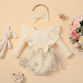 M9ppzzur7 Infant Baby Girl Rompers Dresses Long Sleeve Rib Knit Patchwork Tutu Princess Rompers Dress with Headband Toddler Girl Newborn Christmas Clothes (L# Beige, 3-6 Months)