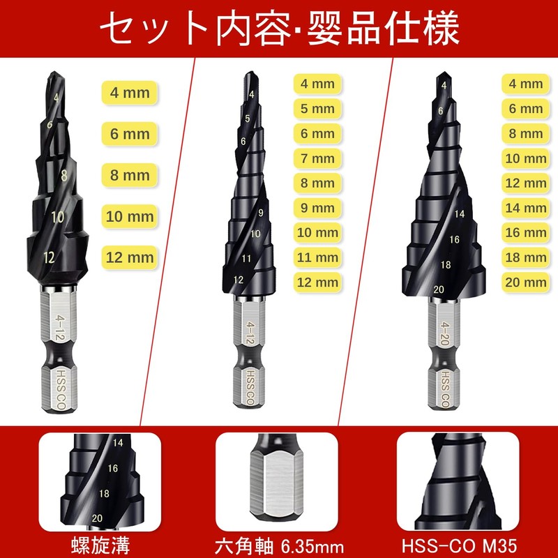 Step Drill, Titanium Nitride Aluminum Coating, HSS-Co M35, Hexagonal Shank,