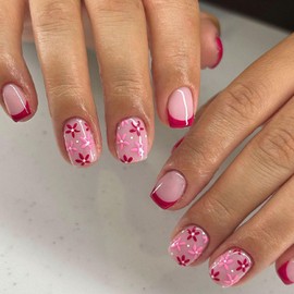 Pink Flowers Press on Nails Short French Tip Fake Nails Light Pink False Nails Square Glossy Full Cover Acrylic Nails Spring Floral Artificial Nails Stick on Nails for Women 24Pcs