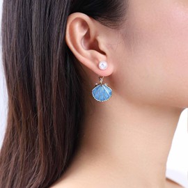 Inilbran Boho Shell Earrings Blue Shell Drop Earrings Vintage Pearl Earrings Beach Shell Shell Dangle Earrings Jewellery for Women and Girls, Zinc, No Gemstone