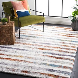 SAFAVIEH Berber Shag Collection Area Rug - 7' Square, Blue Rust & Ivory, Modern Stripe Design, Non-Shedding & Easy Care, 1.25-inch Thick Ideal for High Traffic Areas in Living Room, Bedroom (BER583A)