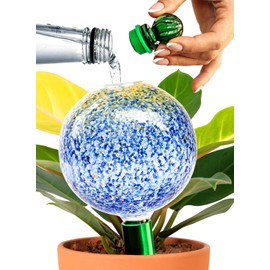 16 Oz Plant Watering Globes for Indoor Plants with Metal Self Watering Planter Insert - Premium XL Glass Hand-Blown Globes - Automatic Indoor Planter Waterer, Gift Idea for Gardeners [1, Blue Gold]