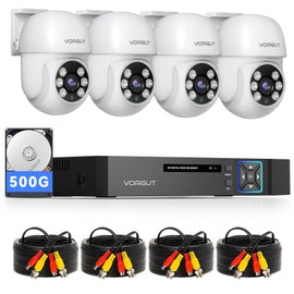 VORGUT Wired Security Camera System Outdoor, 4pcs Pan/Tilt CCTV Cameras and 4CH 5MP Lite AHD TVI DVR (500GB HDD), 360° View Surveillance DVR Kit, Motion Detection, 24/7 Recording, Remote Access