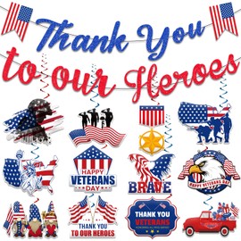 Veterans Day Decorations Banner Set Include DIY 1pc Thank You To Our Heroes Banner and 12pcs Patriotic Theme Thank You Veterans Hanging Swirls for Patriotic Supplies Decor