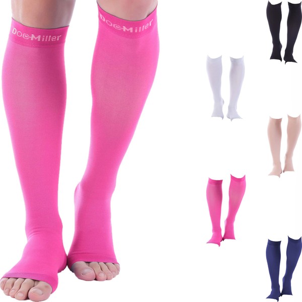 Doc Miller Calcetines de compresión de punta abierta para mujer de 8 a 15 mmHg, calcetines de compresión para hombres y mujeres, soporte para espinillas y recuperación de venas varicosas, 1 par de calcetines altos hasta la rodilla, color rosa, talla S