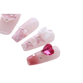 PN-008 Press-On Nails Lacquered 10 Pieces Reusable False Nails Glamour Rhinestones Ballerina Heart Cute Pink
