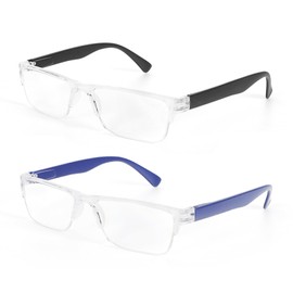 MMOWW 2er-Pack Halbrahmen Lesebrille für Damen und Herren Leicht und Bequem mit Klarer Rechteckigem mit Brillenbezug aus Leder (Schwarz+Blau, +3.5)