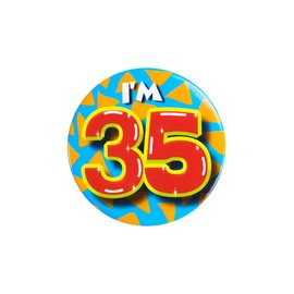 PD-Party 6014735 Birthday Badge | Birthday Metal Badge | Party Celebration Buttons - I'm 35, Multicoloured, 5.5 cm Length x 5.5 cm Width x 0.5 cm Height
