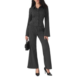 CIDER Womens Striped Button Down Blouse Bell Sleeves Fitted Dressy Casual Collared Crop Tops Y2K Office Siren Clothes Black