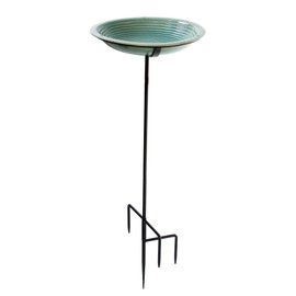 BYER OF MAINE Circles Post Bird Bath, Outdoor Garden and Patio Decor, Porcelain, Glaze Finish, Steel Mounting Post, Outside Bird Pond Fountain, 14"x14"x30", Jade Green