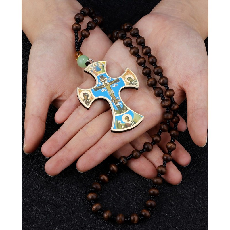 COTTVOTT Wood Rosary Beads Cross Necklace Men Prayer Eastern Orthodox