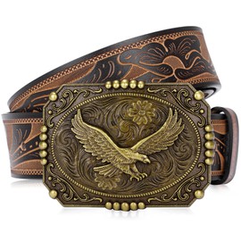 BISON DENIM Men's Western cowboy belt Classic Double embossed leather belts with Printed Engraved Buckle
