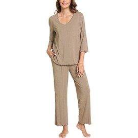 GYS Pajamas Set for Women Soft- Viscose Made from Bamboo, 3/4 Sleeve Top and Pants 2 Piece Lounge Pj Set Sleepwear, Camel, X-Large
