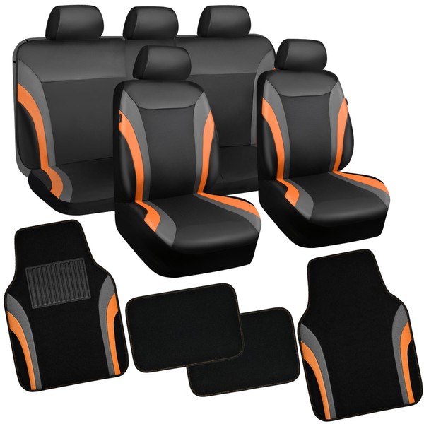 CAR PASS Leather Car Seat Covers Full Set with Waterproof Car Floor Mats,Airbag Compatible,Automotive Interior Covers for Women,Sedans,Trucks,Vans,SUV with Car Carpet Mats(Black and Orange)