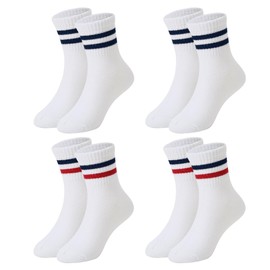 American Trends Kids Crew Socks: 4 Pairs Retro Striped Socks for School Uniform Athletic - Navy Blue/Red Stripes Socks 8-10 Years Old