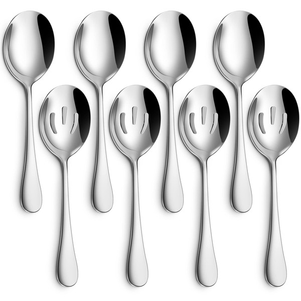 Hiware 8-Piece Serving Spoons Set - Includes 4 Serving Spoons and 4 Slotted Spoons, 18/8 Stainless Steel Buffet Serving Utensils - Mirror Polished, Dishwasher Safe, 8.6-Inch