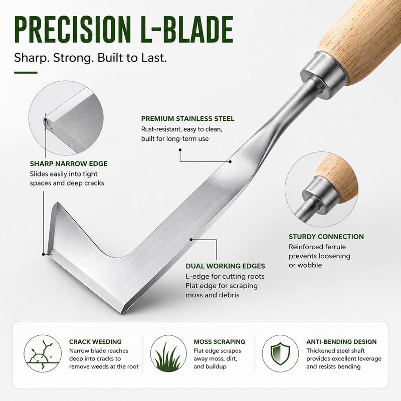 Crevice Weeding Tool for Patio Cracks – L-Shaped Stainless Steel