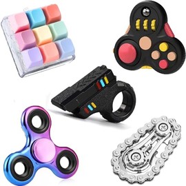5PCS Fidget Toys Adults Set, Sensory Pack with Fidget Slider Figette Cube Pad Finger Bike Chain for Kids Teen, Cool Gadget Desk Spinner Party Favor