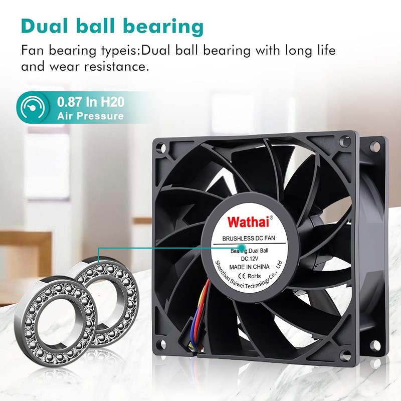 Wathai 92mm x 38mm 90mm Dual Ball 12V High Airflow
