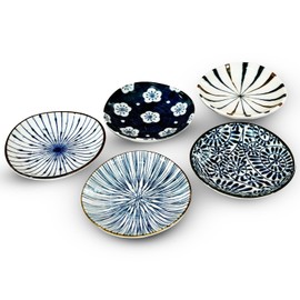 MINO WARE JAPAN Indigo Dyeing Japanese Pattern Small Plates set of 5, Soy Sauce Plate, Seasoning Plate, Appetizer Plates, with Gift Box, Made in Japan (Round Plate)