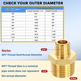 CoCud 1 Pack Brass Pipe Fittings, 1/2" NPT Male to 1/4" NPT Male Brass Hex Nipple, Male Pipe Adapter Reducer for Air, Oil, LP