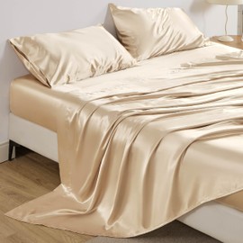 Bedsure Satin Sheets - Similar to Silk Bedsheets, 4-Piece Luxury & Ultra Soft Queen Sheet Set, Non-Fading & Wrinkle Free, Good for Hair & Skin, Gifts for Women, Champagne, Queen