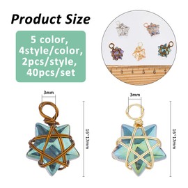 SUPERFINDINGS 40 Pieces 5 Colours 4 Styles Wire Wrapped Star Pendants Mixed Colours Galvanised Glass Pendant Crystal Pendant for DIY Earrings and Bracelets Hole: 3 mm