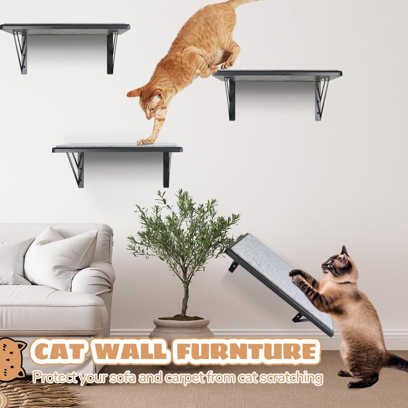 Cat Wall Shelves Set of 4, Wood Cat Shelves for