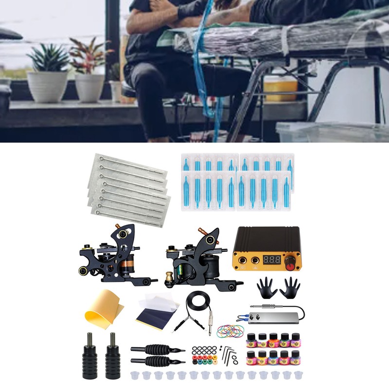 Tattoo Coil Liner Shader Machine 10 Color Inks Power Supplies