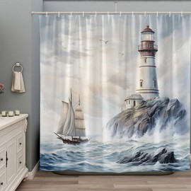 Lighthouse Shower Curtain Nautical Coastal Ocean Sailboat Sea Wave Seagull Beach Natural Scenery Polyester Bathroom Curtains Set with Hooks 70Wx70H Inch