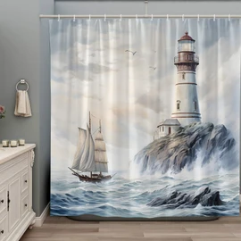 Lighthouse Shower Curtain Nautical Coastal Ocean Sailboat Sea Wave Seagull Beach Natural Scenery Polyester Bathroom Curtains Set with Hooks 70Wx70H Inch