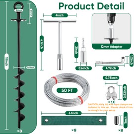 18'' Ground Anchors Screw in Heavy Duty, Shed Anchor Kit with Straps & Steel Cable & Tools, Earth Anchors for Mobile Home, Carports, Swing Set, Tree, Trampoline - Secure Against High Winds(8)