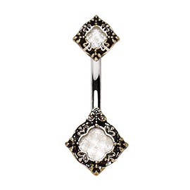 Antique Gold Plated Ornate Filigree Metallic White Gem Center Belly Button Navel Ring