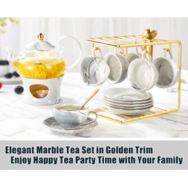 DUJUST 21 pcs Small Tea Set of 6, Gray Marble Texture with Handcraft Golden Trim, Fine Porcelain Tea pot Set for Kids&Adults, 1 Glass Teapot(22oz), 6 Cups(4oz), 6 Saucers, 6 Spoons, 1 Shelf&1 Warmer…