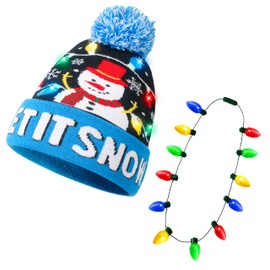 JOYIN LED Light-up Knitted Snowman Beanie Hat Christmas Hat for Adult and kids with LED Light-up Bulb Necklace (12 Bulbs) for Xmas Party Gift