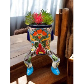 Talavera Body-Shaped Planter with Legs; 9” High x 6” Wide; Hand-Painted Mexican Pottery for Shelf or Stairs