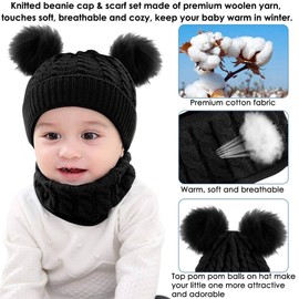 CheChury Unisex Baby’s Winter Hat & Scarf, Children's Set, Loop Scarf, Warm Knitted Hat With Pom Pom, Knitted Winter Scarf, Slip-On Hat For Children Aged 1-3 Years - B-black