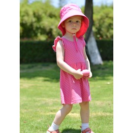 LACOFIA Baby Cotton Summer Hat Toddler Girls Sun Hat Kids UPF 50+ Neck Protection Flap Cap with Adjustable Chin Straps Rose 6-18 Months