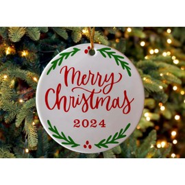 Merry Christmas Ornament 2024, Double-Sided Printed 3" Ceramic Christmas Ornament, 2024 Christmas Ornament, Xmas Holiday Keepsake, Christmas Tree Decoration